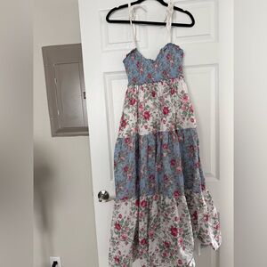 Altar'd State Blue, White & Pink Floral Tiered Maxi Dress